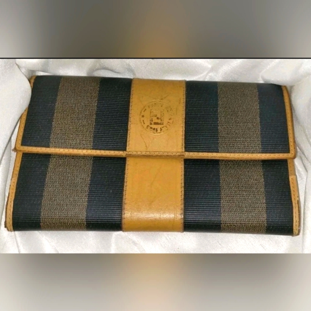 Vintage Fendi Brown & Black Stripe Pequin Wristlet Clutch Wallet, Gold Kiss Lock